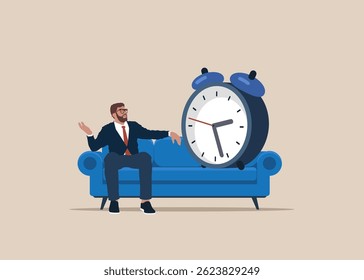 Businessman looks on clock while comfortably sitting on a couch. 24-7 support service,  working hours. Flat vector illustration.
