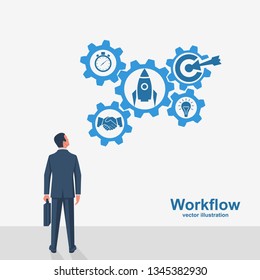 Businessman looks on workflow process. Organization teamwork. Project management. Vector illustration flat design. Isolated on white background. Set of mechanism gears with a word. Successful people.