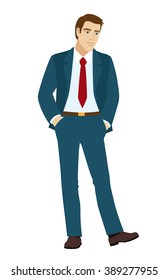 Businessman looks at shoes. Businessman holding hands in pockets. Vector illustration.