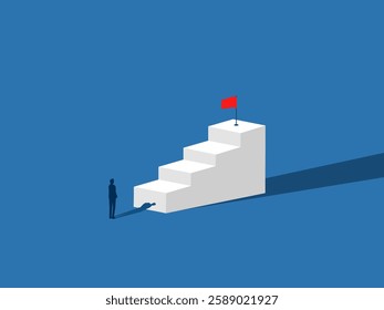 Businessman looks up stairs to success flag target