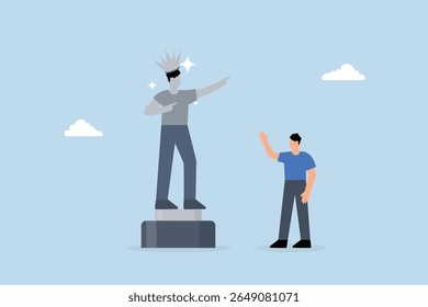 empresário olha para estátua de seu autosucesso e pensa sobre seu ego.