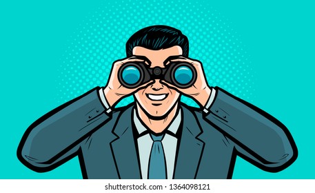 Businessman looks at the target through binoculars. Business vector illustration