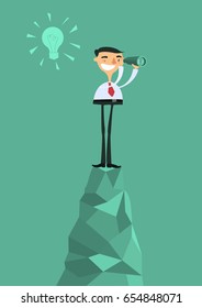 A businessman looks at a telescope, he gets an idea.  Vector image.