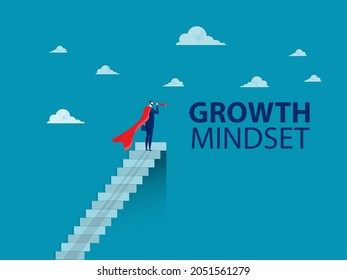 businessman looks in the telescope at top stair. growth mindset concept vector illustrator 