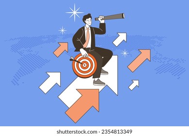 Businessman looks through binoculars. Investor standing on upward arrow. Looking through a telescope. Business vision to see opportunity. career achievement. vision and profit. vector Illustration.