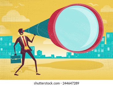 Businessman looks through his Telescope. Great illustration of Retro styled Businessman who's getting a really great view of the business landscape with his gigantic telescope.