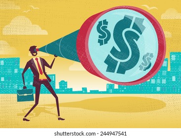 Businessman looks through his Telescope to find the Dollar. Great illustration of Retro styled Businessman who's getting a really great view of the business landscape with his gigantic telescope.