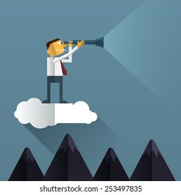  Businessman Looks Through His Telescope On Cloud.Vision Business Concept 