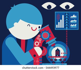 A businessman looks through a microscope into a corporate building
