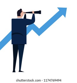Businessman looks through a telescope on growth arrow. Vision and Growth concept. Business concept cartoon illustration vector