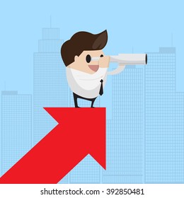 Businessman looks through a telescope on growth arrow