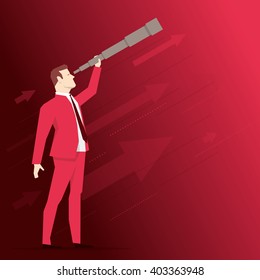 Businessman looks through a telescope on red background. Vector business concept illustration.