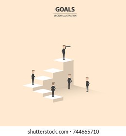 Businessman looks through telescope on top view. Business concept of vision, goals, success, achievement and challenge. Vector illustration.