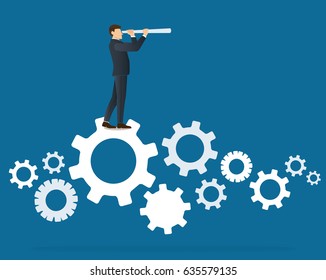 a businessman looks through a telescope standing on gears icon