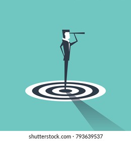 Businessman looks through a telescope standing on target. vector