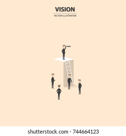 Businessman looks through a telescope at the top view with team. Business concept of vision, goals, success, achievement and challenge. Vector illustration.