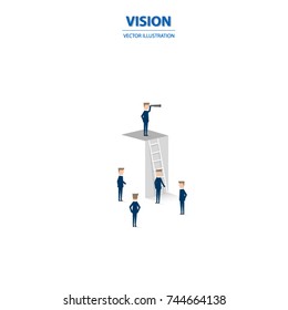 Businessman looks through a telescope at the top view with team. Business concept of vision, goals, success, achievement and challenge. Vector illustration.