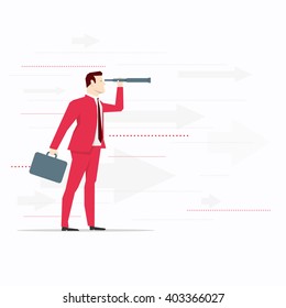 Businessman looks through a telescope. Vector business concept illustration.