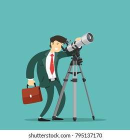 Businessman looks through a telescope. Vector illustration.