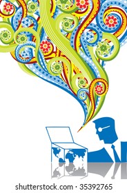 The businessman looks in a world-box in abstract collage. Format A4. Vector illustration. Isolated groups and layers. Global colors.