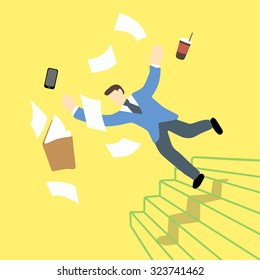Businessman is losing balance and falling down on staircase while the file folder and tablet is in the air