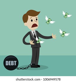 Businessman losing his money because of debt. Money fly away like birds. Vector illustration