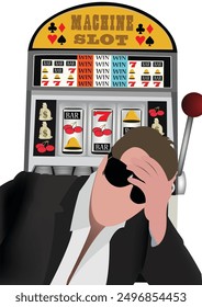 Businessman losing money playing slot machine