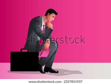 Businessman lost in deep contemplation. He sits on a briefcase while holding a pink slip a symbol of potential job loss or change, emotions of uncertainty, career transitions, and job security