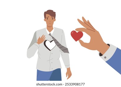 Businessman lost heart due to betrayal of partner or company employee who stole idea for startup. Young guy office worker with broken heart needs to restore relationship with girlfriend