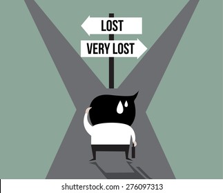 Businessman lost  with the signpost