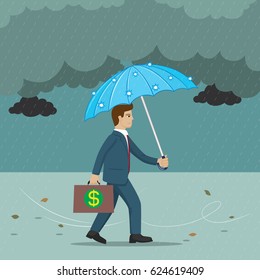 Businessman lost in storm clouds, vector illustration cartoon