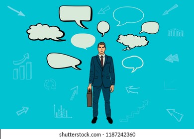 Businessman and lots of conversational bubbles. business talk
