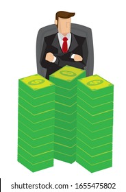 Businessman with lots of money. Concept of rich and wealth. Isolated vector illustration.