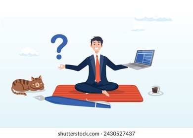 Businessman lotus meditate to solve work problem, solve problem, contemplation or relaxation help find solution, focus or calm mindfulness to get answer, understanding or brainstorming (Vector)