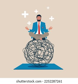 Businessman in lotus meditation on chaos mess line with positive energy. Stress management, meditation. Flat vector illustration.