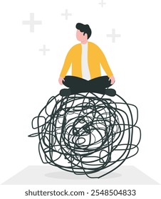 Businessman in lotus meditation on chaos mess line with positive energy. Stress management, meditation. Flat vector illustration.
