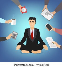 Businessman in lotus pose. Control and concentration. Vector illustration