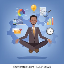 Businessman in lotus pose having break at work and meditate. Happy multitasking office worker in suit. Isolated flat vector illustration