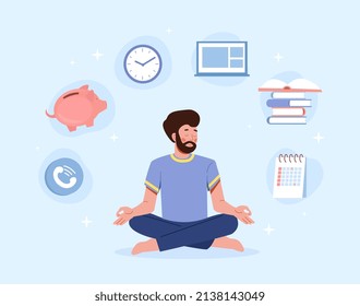 Businessman in lotus pose. Metaphor for calmness and inner balance. Overloaded entrepreneur and mental health. Multitasking character makes schedule, time management. Cartoon flat vector illustration