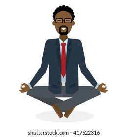 Businessman in lotus pose on white background. Isolated african american businessman. Concept of recreation, concentration and meditation. Yoga pose. 