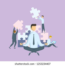 Businessman in lotus pose watching puzzle pieces being put together. Teamwork and leadership concept. Leader and stress management. Partnership and collaboration. Flat vector illustration. Isolated.