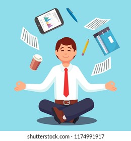 Businessman in lotus position, relax and work. Decoration for greeting cards, posters, patches, prints for clothes, emblems. Modern flat style illustration.