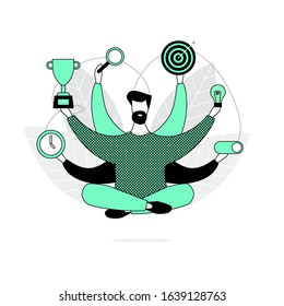 A businessman in a lotus position simultaneously performs many different tasks. Many hands, purpose, clock, magnifier, meditation. Flat line vector illustration.