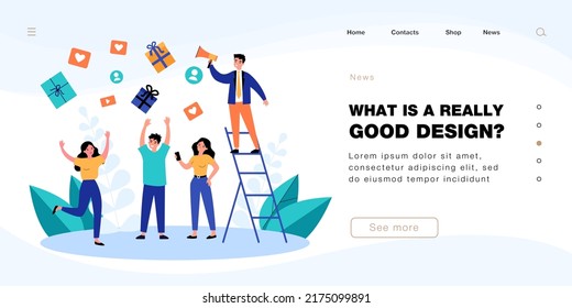 Businessman with loudspeaker advertising product or service. Happy customers getting gifts flat vector illustration. Marketing, promotion, loyalty program concept for banner, website design