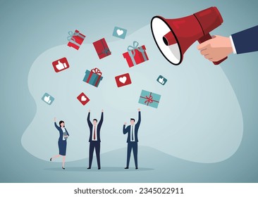 Businessman with loudspeaker advertising product or service. Happy customers getting gifts flat vector illustration. Marketing, promotion, bonus concept for banner, website design