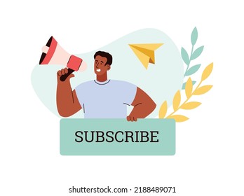 Geschäftsmann mit Lautsprecher, der Mitgliedschaften auf App und Website-Updates anruft. E-Mail-Marketing und -Mitgliedschaft, flache Vektorgrafik einzeln auf weißem Hintergrund.