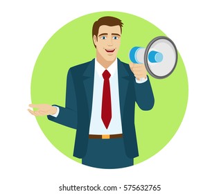 Businessman with loudspeaker gesturing. Portrait of businessman in a flat style. Vector illustration.