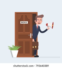 Businessman with loudspeaker in hand in office. The boss or manager screams at the employees in the office. Angry boss.Vector illustration in cartoon style