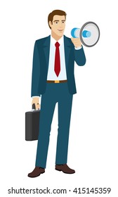 Businessman with loudspeaker. Businessman holding briefcase. Vector illustration.