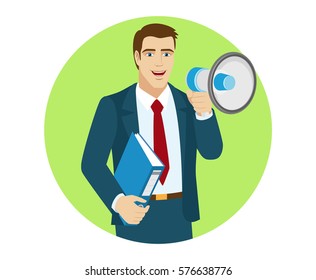 Businessman with loudspeaker holding a folder. Portrait of businessman in a flat style. Vector illustration.